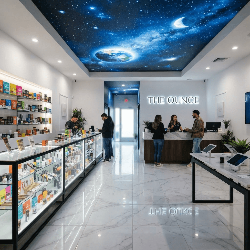 Interior of The Ounce dispensary with an immersive cosmic galaxy ceiling mural, white marble floors, and illuminated glass display cases